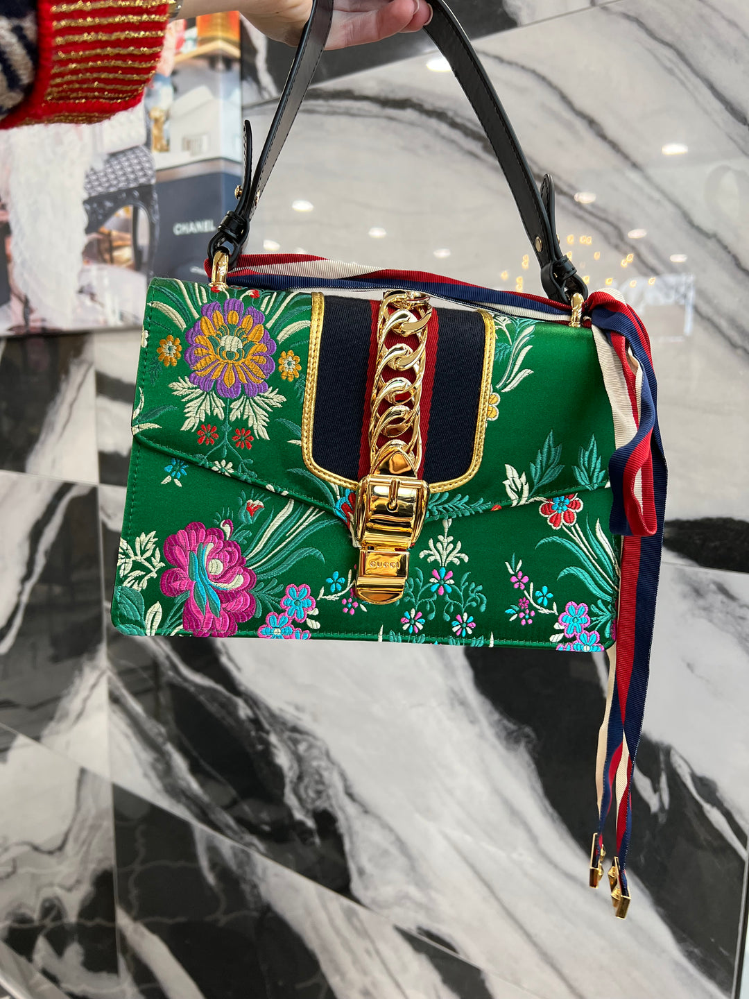 GUCCI GREEN FLORAL JACQUARD SMALL SYLVIE BAG HS Caroline s Fashion Luxuries