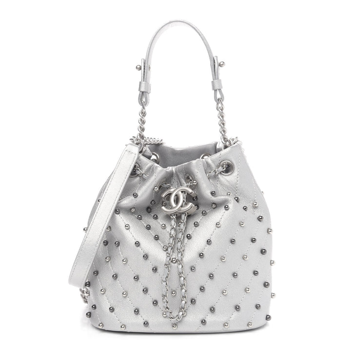Chanel Metallic Lambskin Studded Chevron Quilted Small Stud Wars Drawstring Bag- Silver