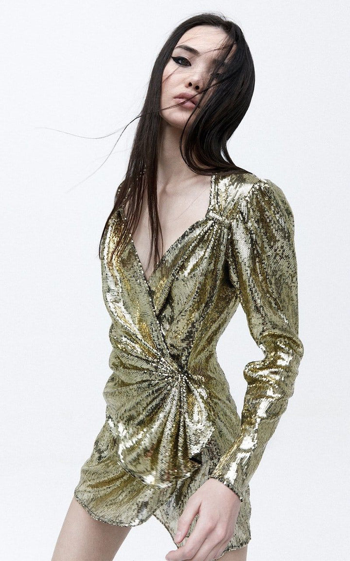 ATTICO ITALIA GOLD SEQUIN TIE-WAIST WRAPPED MINI DRESS