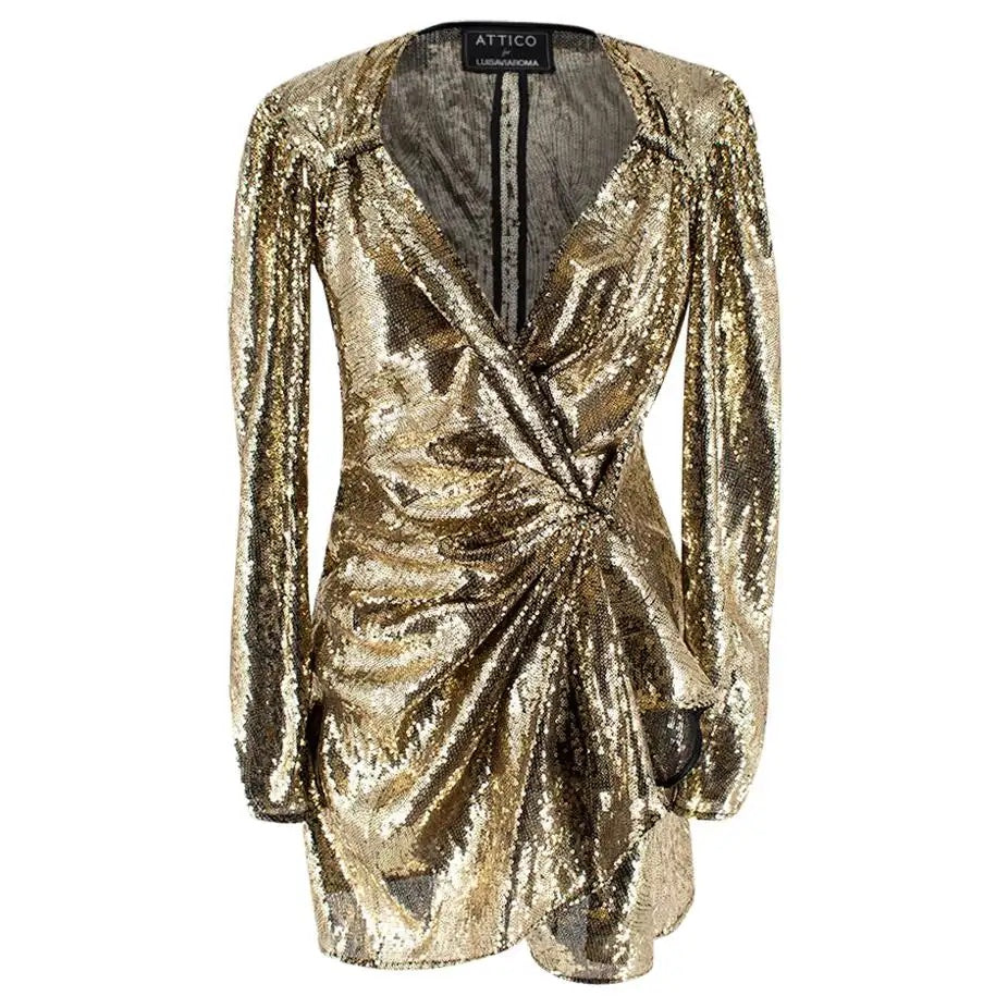ATTICO ITALIA GOLD SEQUIN TIE-WAIST WRAPPED MINI DRESS