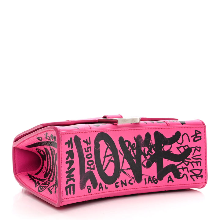 BALENCIAGA HOURGLASS XS  GRAFFITI PRINTED CALFSKIN TOP HANDLE BAG