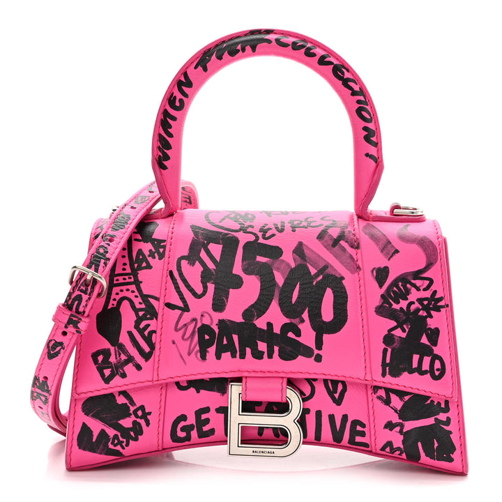 BALENCIAGA HOURGLASS XS  GRAFFITI PRINTED CALFSKIN TOP HANDLE BAG