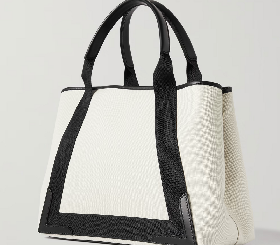 BALENCIAGA LEATHER TRIMMED TWO TONE CANVAS TOTE BAG