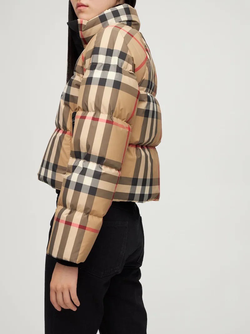 Cropped check puffer jacket best sale