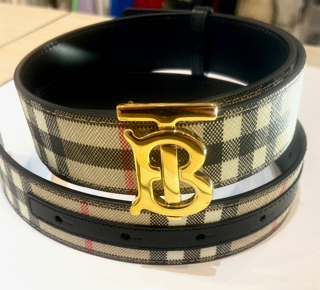 BURBERRY TB REVERSIBLE CHECK &amp; LEATHER BELT