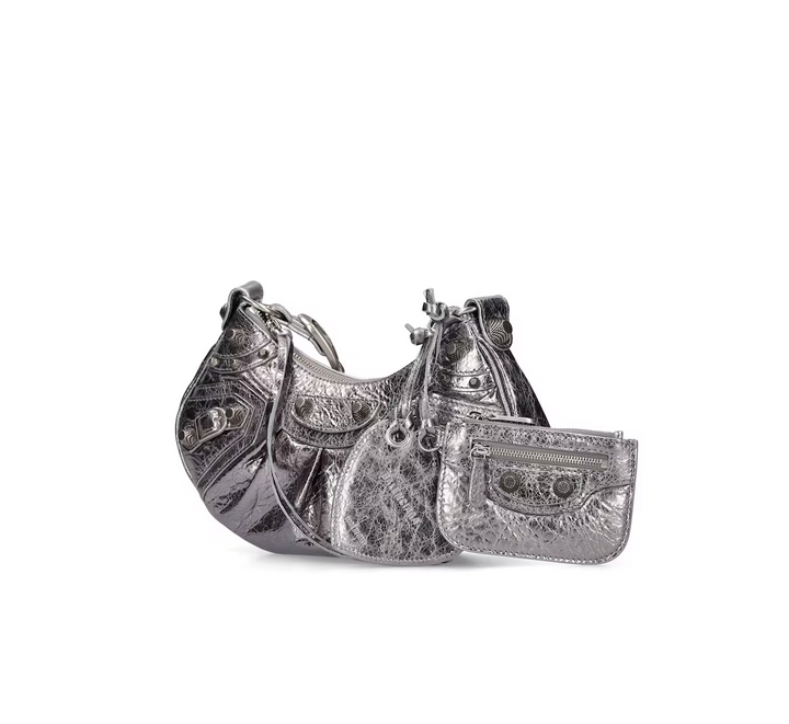 BALENCIAGA LE CAGOLE XS SHOULDER BAG METALLIZED IN SILVER