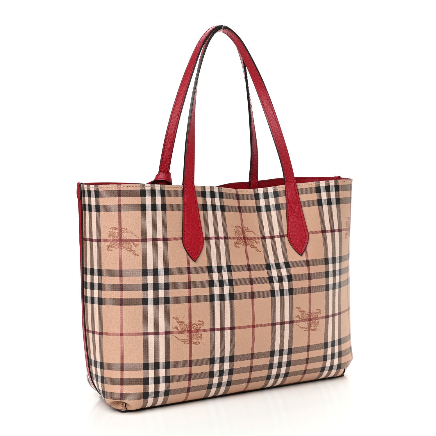 Burberry The Medium Reversible Tote In Haymarket Check And Leather Coral  Red