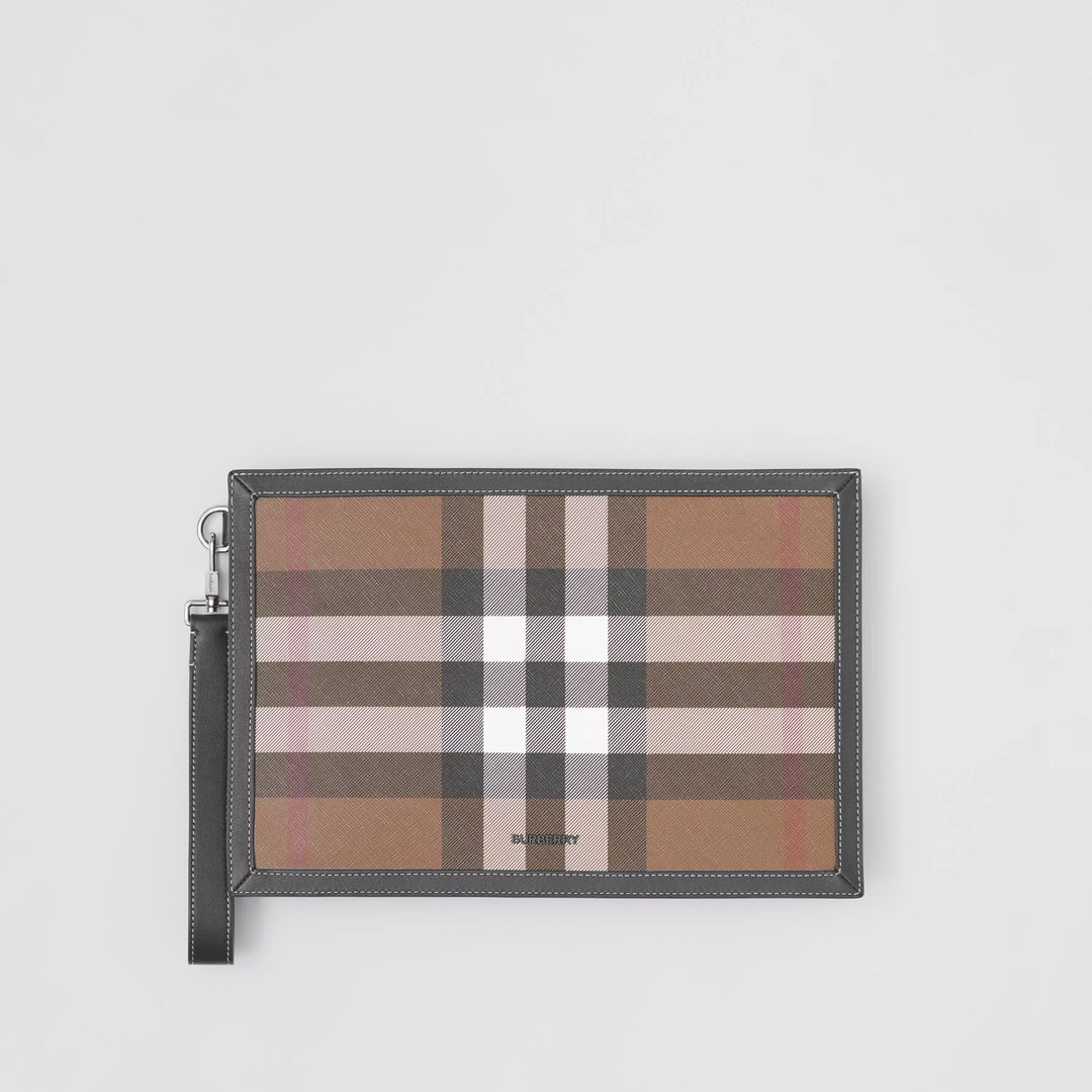 BURBERRY HOUSE CHECK &amp; LEATHER ZIP POUCH CLUTCH