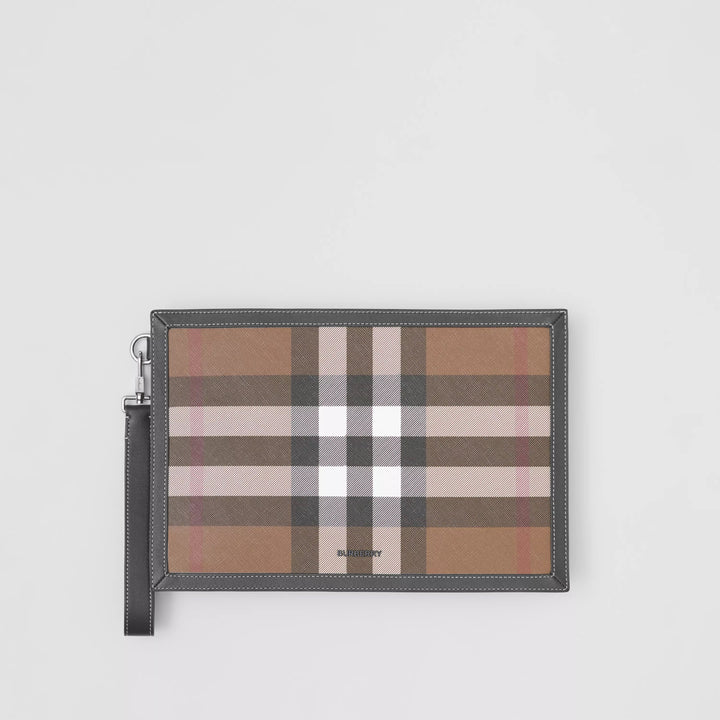 BURBERRY HOUSE CHECK &amp; LEATHER ZIP POUCH CLUTCH