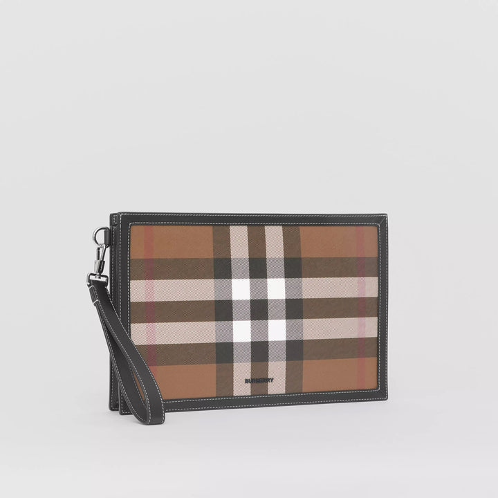 BURBERRY HOUSE CHECK &amp; LEATHER ZIP POUCH CLUTCH