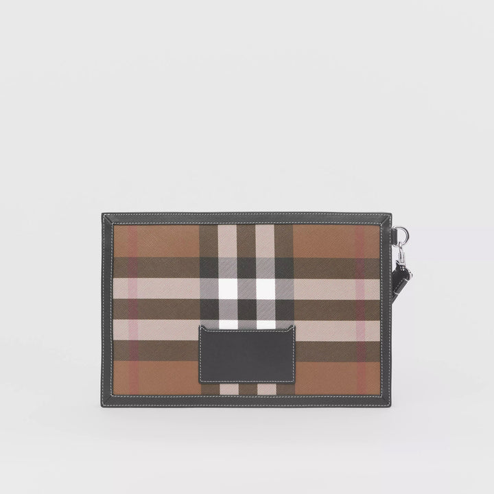 BURBERRY HOUSE CHECK &amp; LEATHER ZIP POUCH CLUTCH