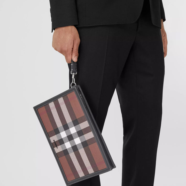 BURBERRY HOUSE CHECK &amp; LEATHER ZIP POUCH CLUTCH