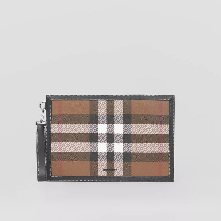 BURBERRY HOUSE CHECK &amp; LEATHER ZIP POUCH CLUTCH