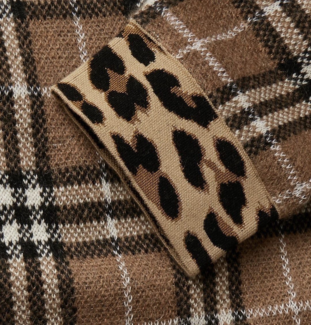 BURBERRY LEOPARD TRIMMED CHECKED JACQUARD KNIT SWEATER