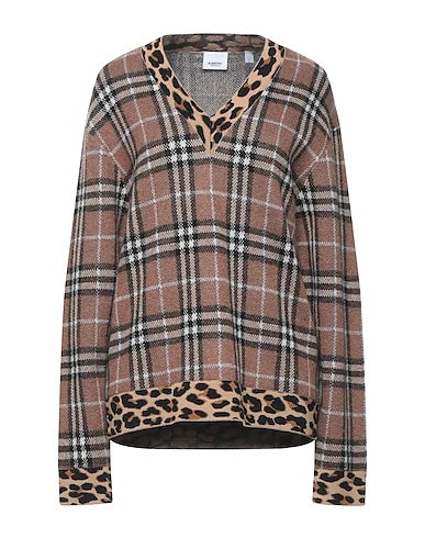 BURBERRY LEOPARD TRIMMED CHECKED JACQUARD KNIT SWEATER