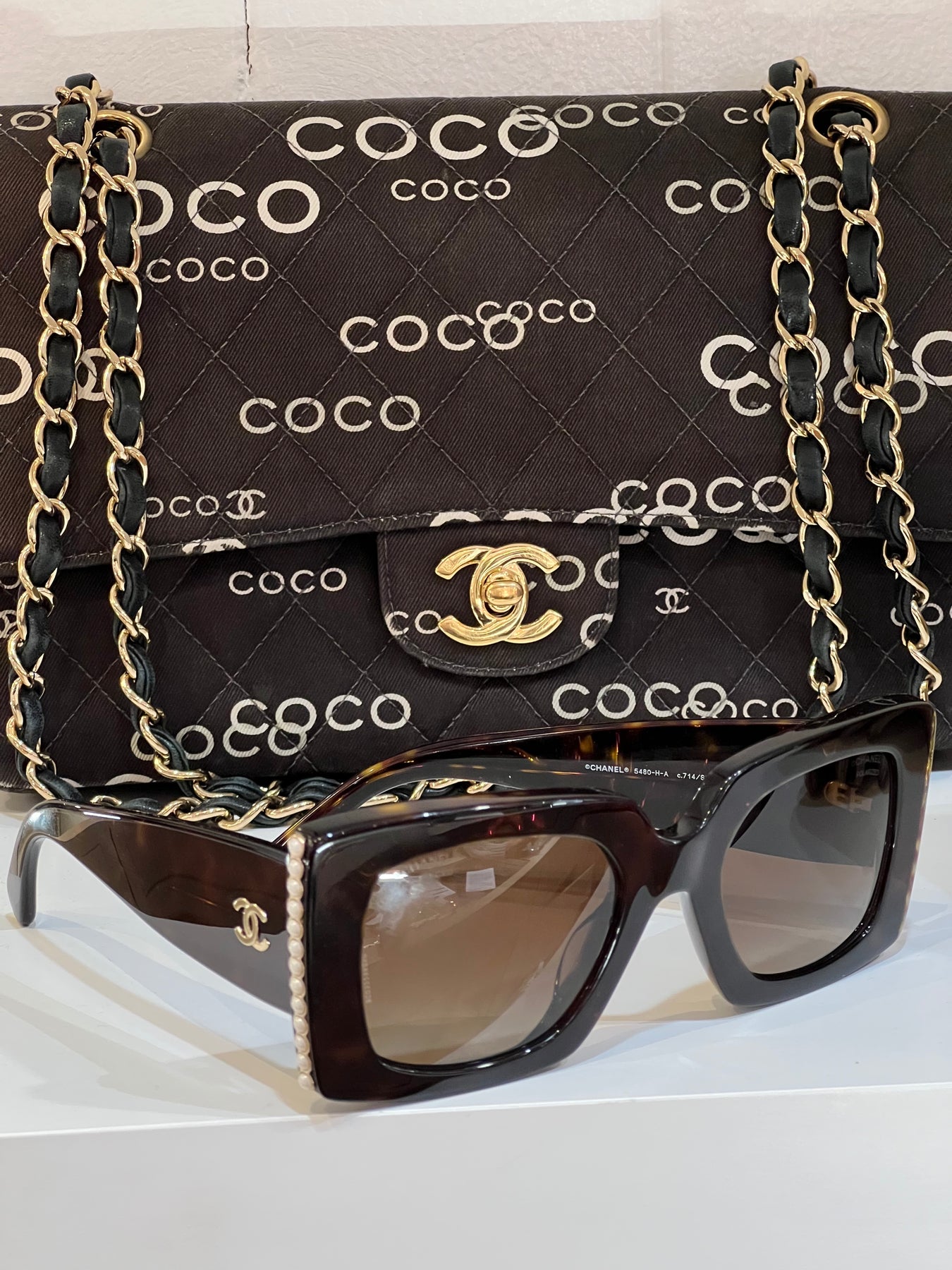 Chanel Paris Black and White Mother of Pearl CC Logo Sunglasses