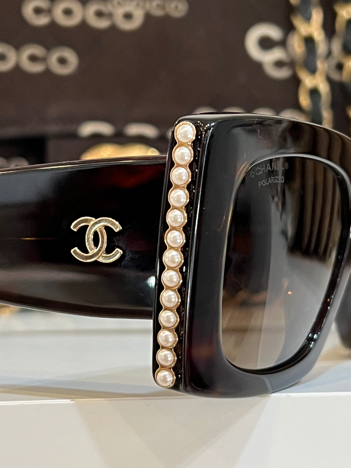 Sunglasses: Square Sunglasses, acetate & glass pearls — Fashion