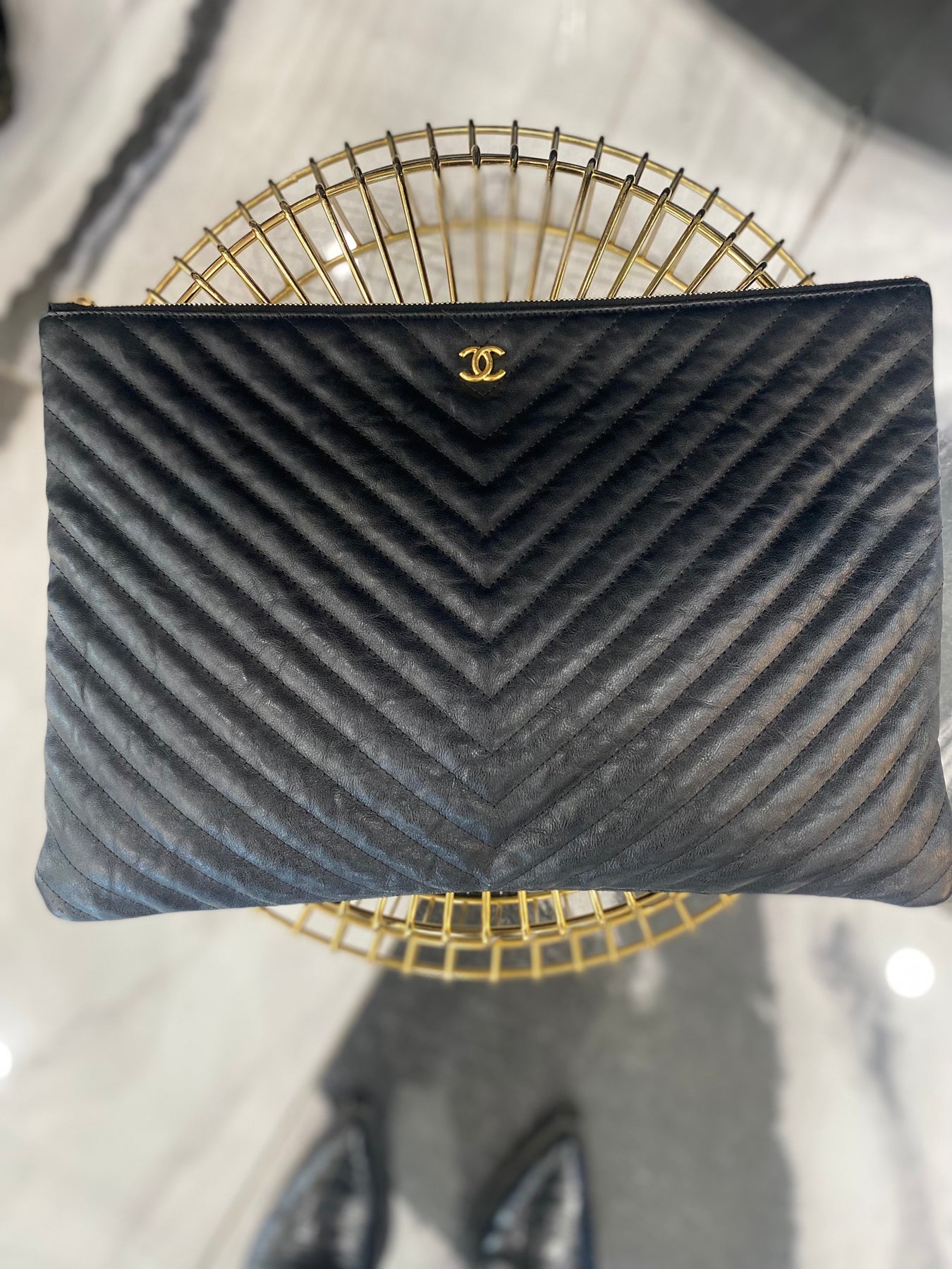 Black Chevron Flap Bag in Quilted Lambskin Leather with Gold tone Hardware,  2014, Handbags & Accessories, 2021
