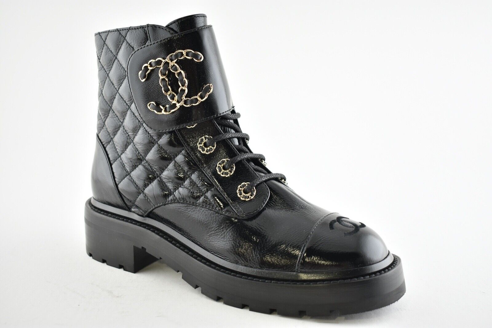 CHANEL SHINY CALFSKIN QUILTED COMBAT CHAIN BOOTS