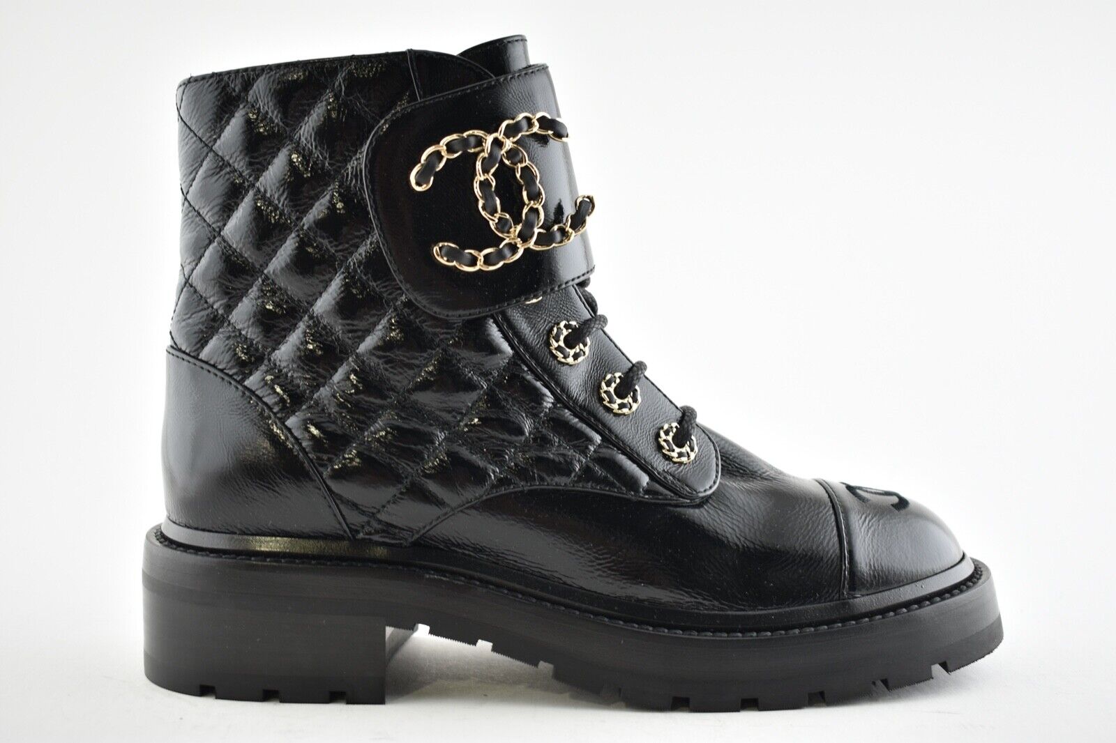CHANEL SHINY CALFSKIN QUILTED COMBAT CHAIN BOOTS – Caroline's Fashion ...