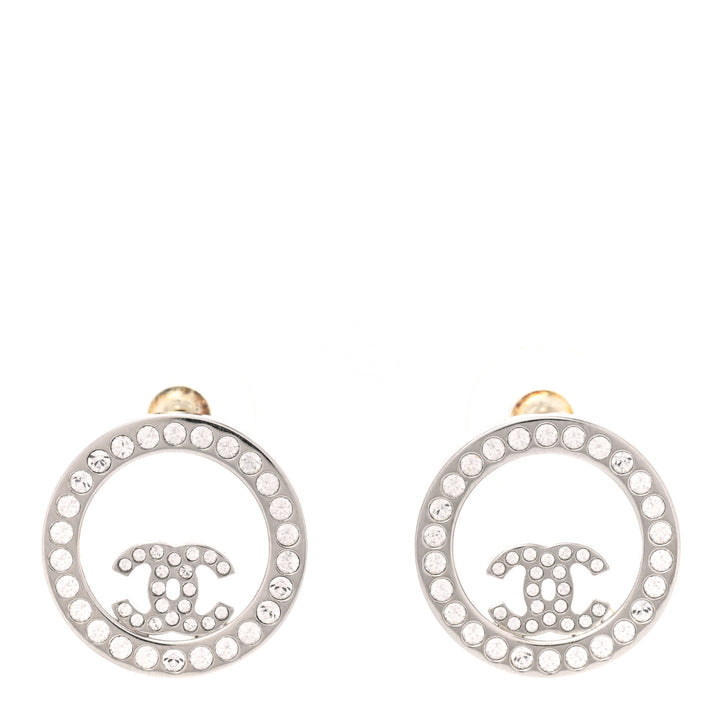 CHANEL CC CRYSTAL ROUND SILVER STUD EARRINGS
