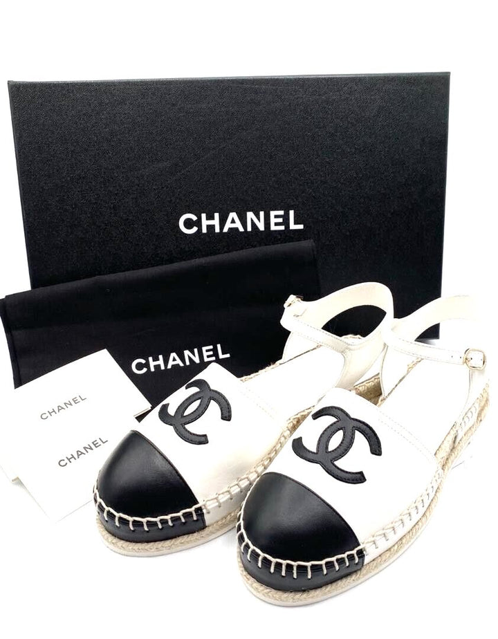 CHANEL CC LAMBSKIN CAP TOE ESPADRILLE SANDALS