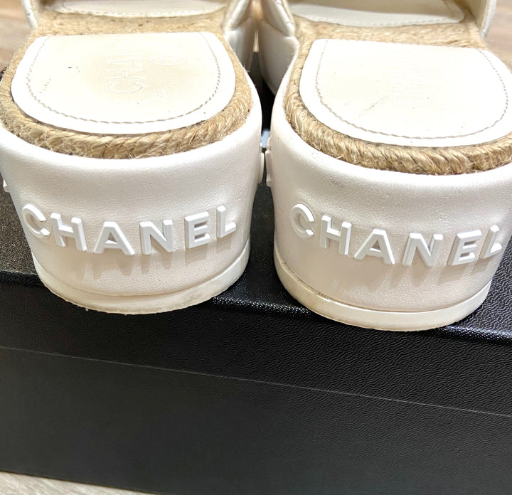 CHANEL CC LAMBSKIN LEATHER ESPADRILLE MULES