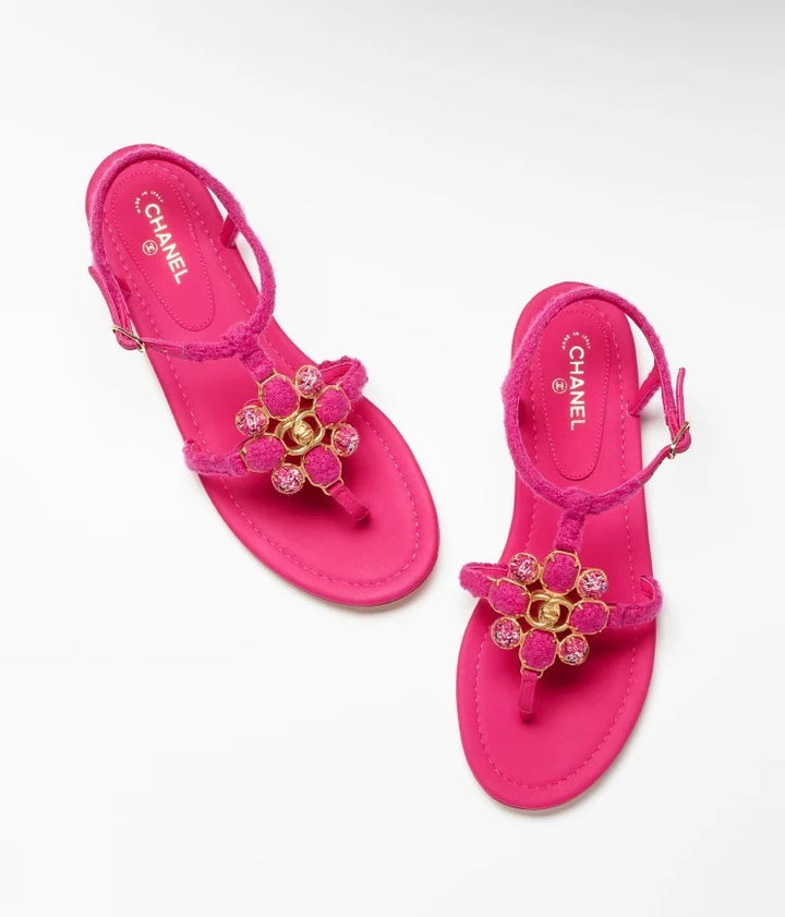 CHANEL TWEED &amp; LAMBSKIN JEWELED SANDALS