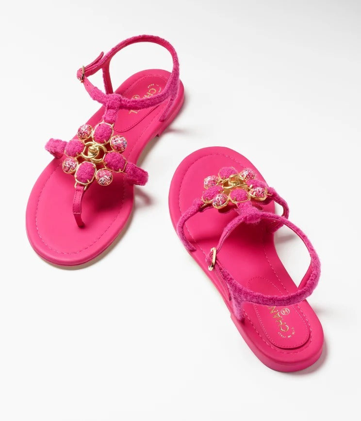 CHANEL TWEED &amp; LAMBSKIN JEWELED SANDALS