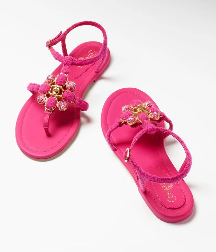 CHANEL TWEED &amp; LAMBSKIN JEWELED SANDALS