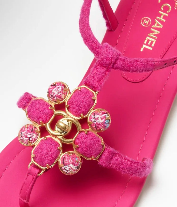 CHANEL TWEED &amp; LAMBSKIN JEWELED SANDALS