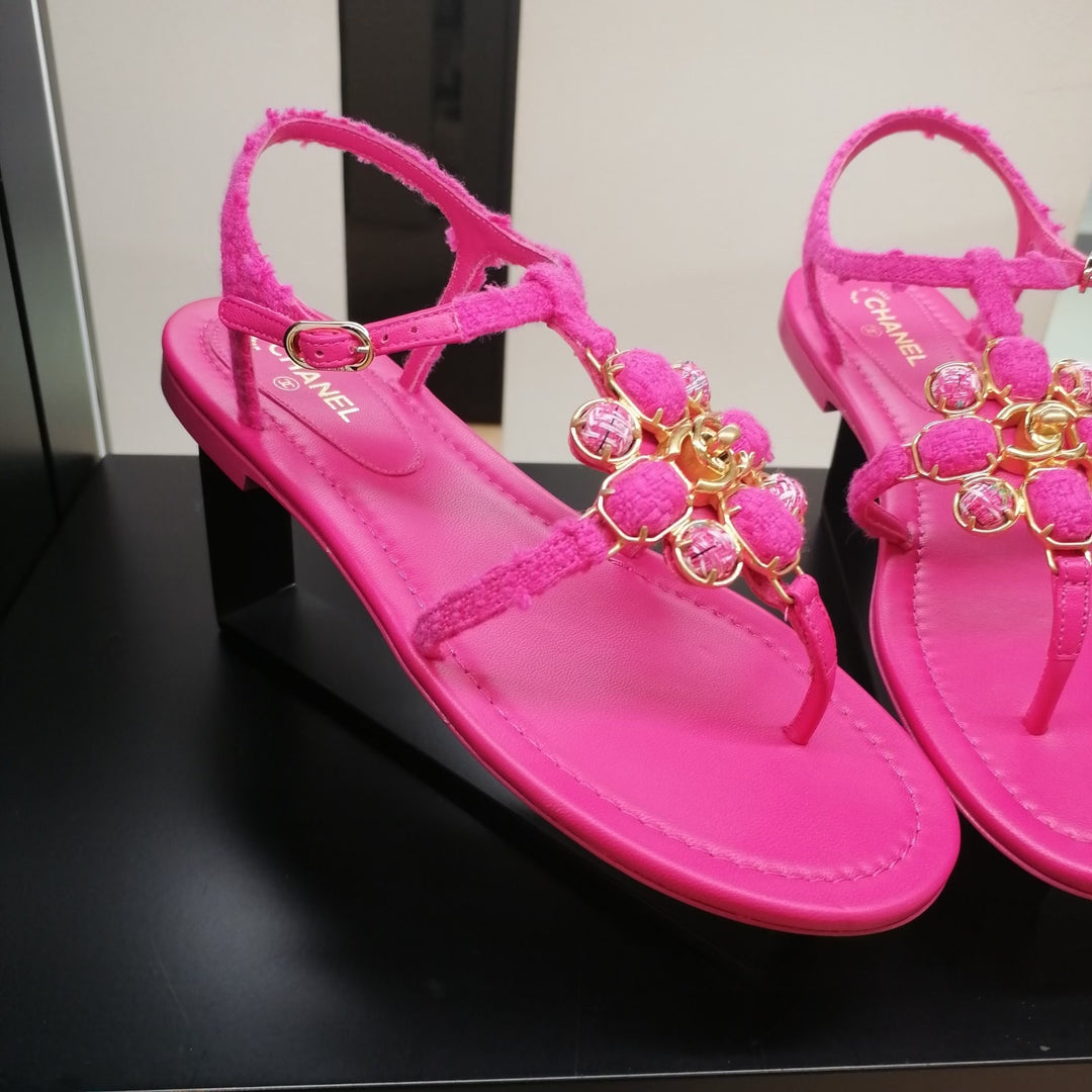 CHANEL TWEED &amp; LAMBSKIN JEWELED SANDALS