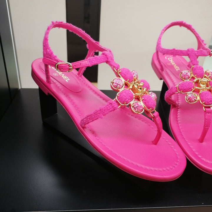 CHANEL TWEED &amp; LAMBSKIN JEWELED SANDALS