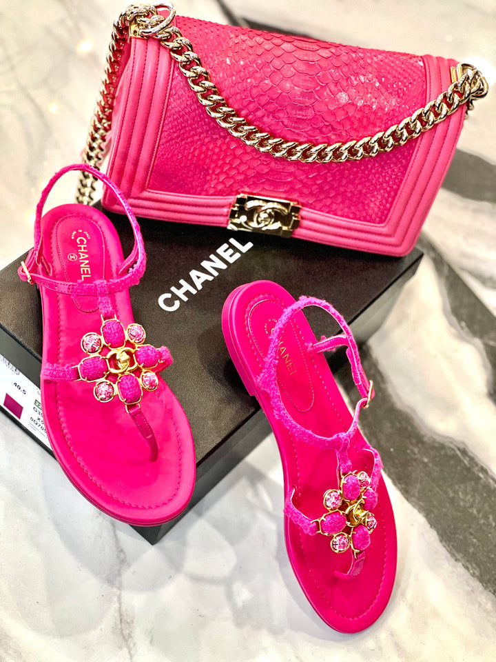 CHANEL TWEED &amp; LAMBSKIN JEWELED SANDALS