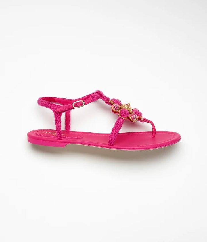 CHANEL TWEED &amp; LAMBSKIN JEWELED SANDALS