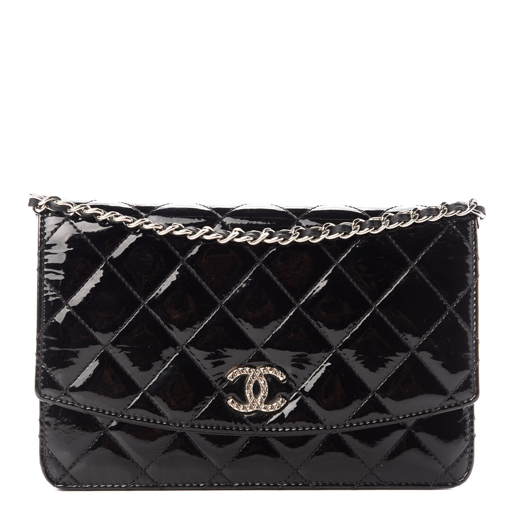 CHANEL Patent Quilted Brilliant Wallet On Chain WOC Dark Pink