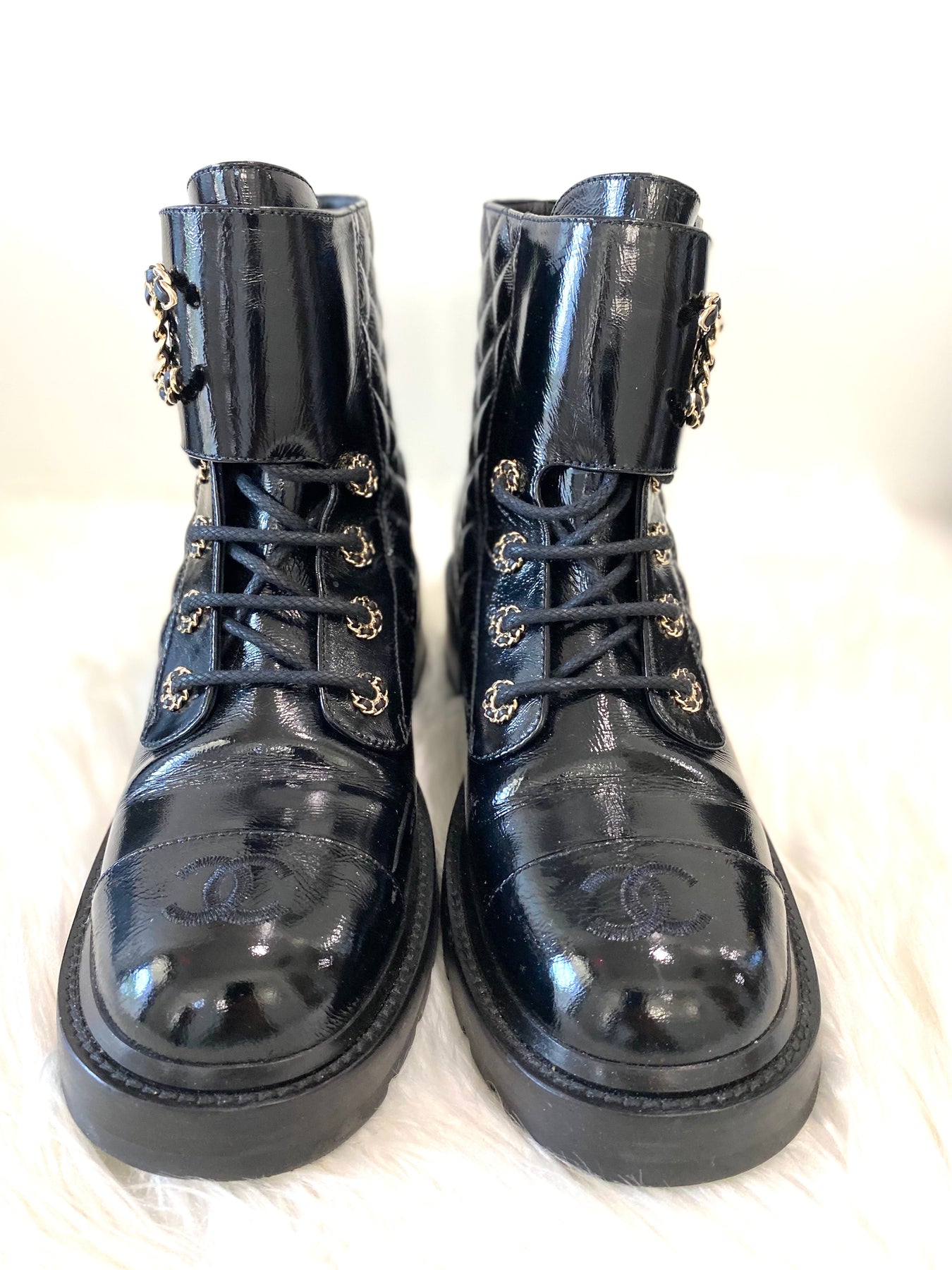 CHANEL Shiny Calfskin Patent Quilted Chain Lace Up Combat Boots
