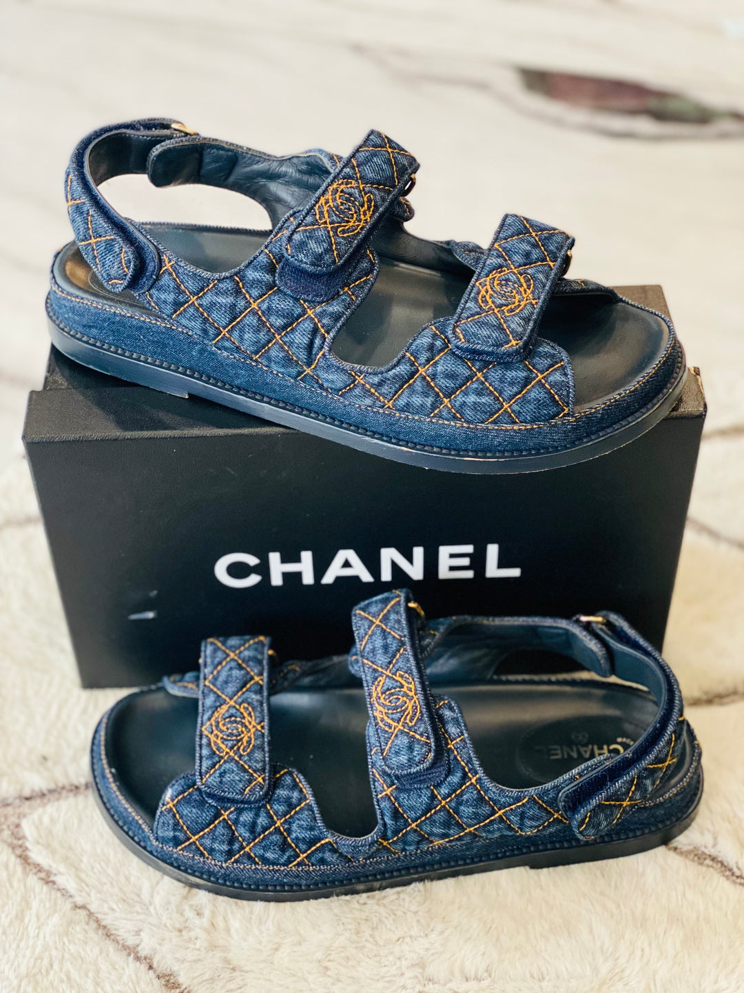CHANEL VELCRO DENIM QUILTED DAD SANDALS