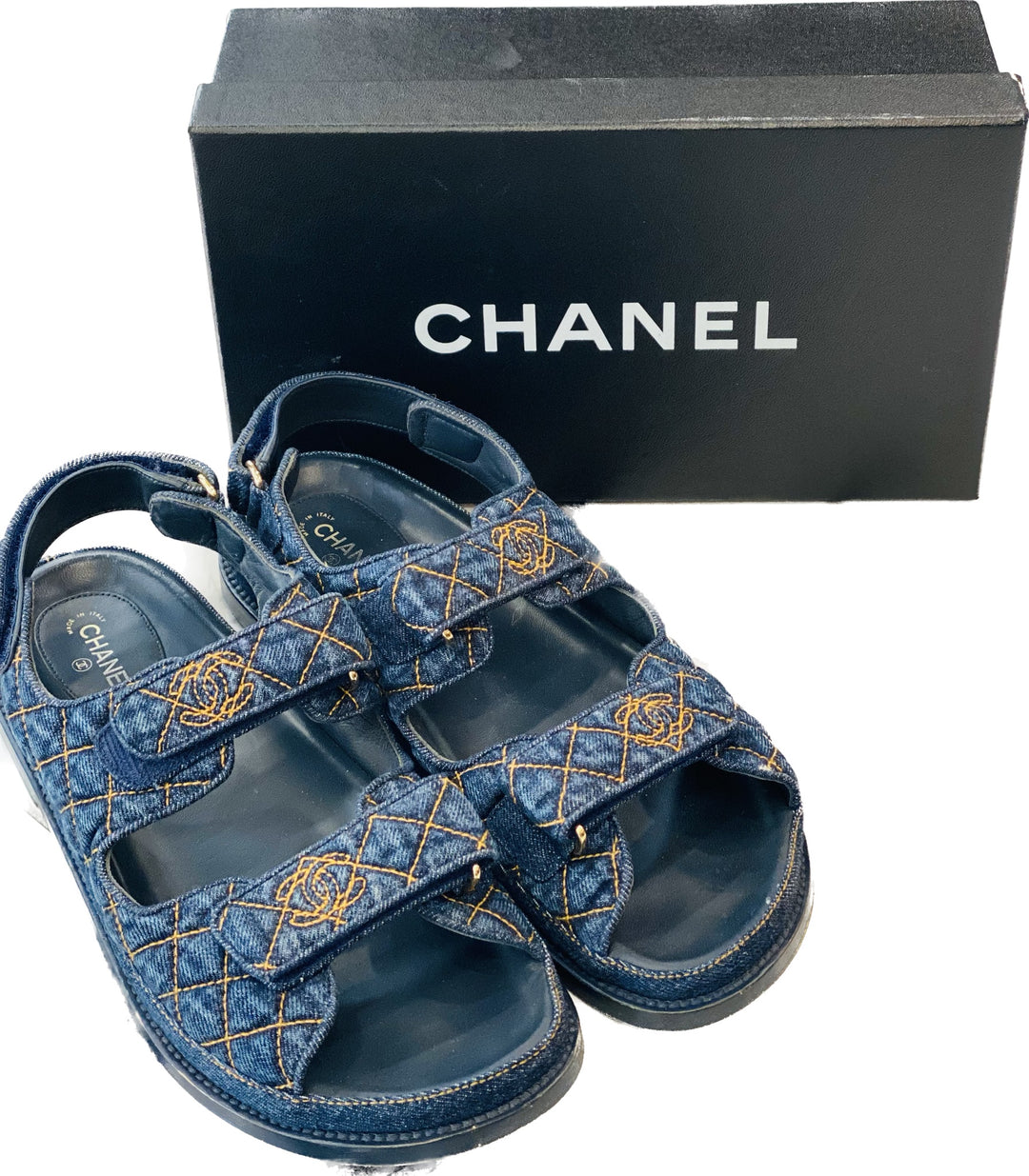 [CHANEL]★Velcro Cubic Sandals Chanel Blue Denim CC Velcro Dad Sandals Size 7.5/38