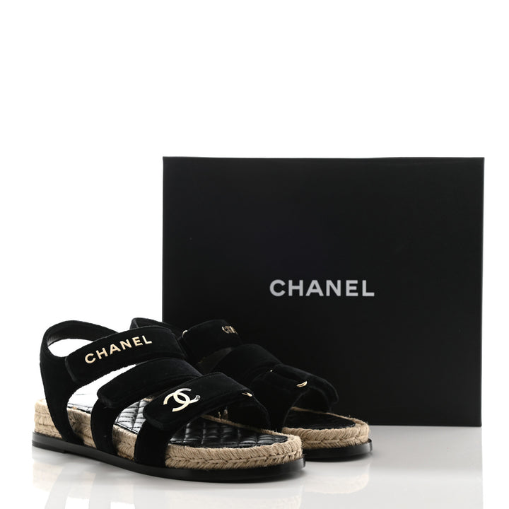 CHANEL CC VELVET LAMBSKIN FLAT SANDALS