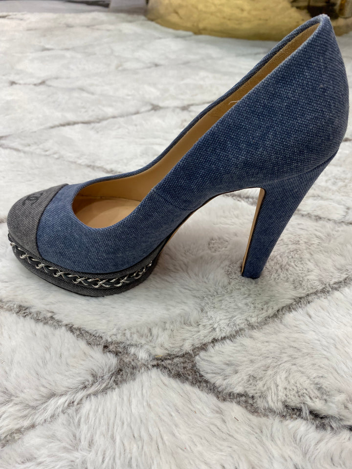 CHANEL Denim Chain Around Cap Toe Platform Pumps