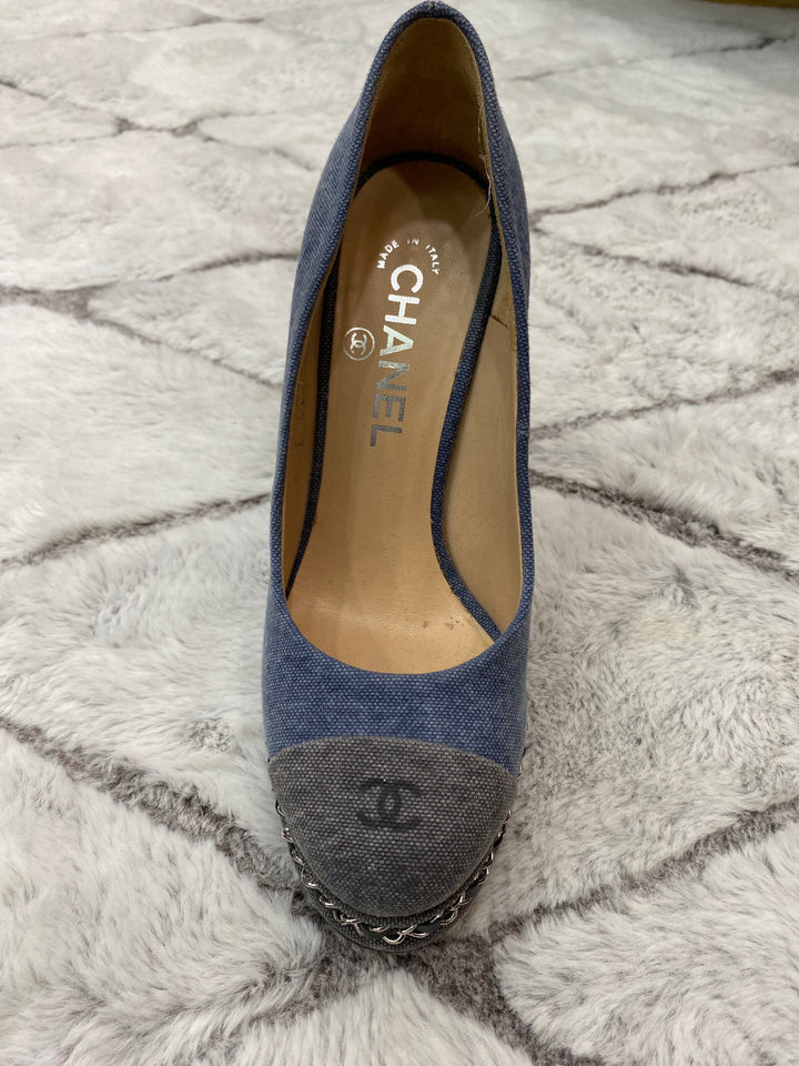 CHANEL Denim Chain Around Cap Toe Platform Pumps