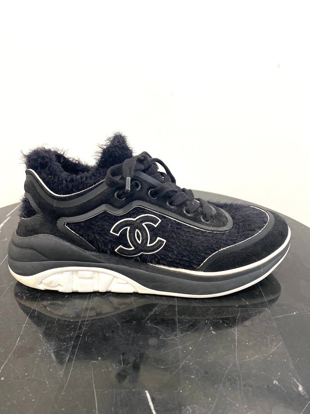 CHANEL TWEED &amp; SUEDE CC LACE UP SNEAKERS