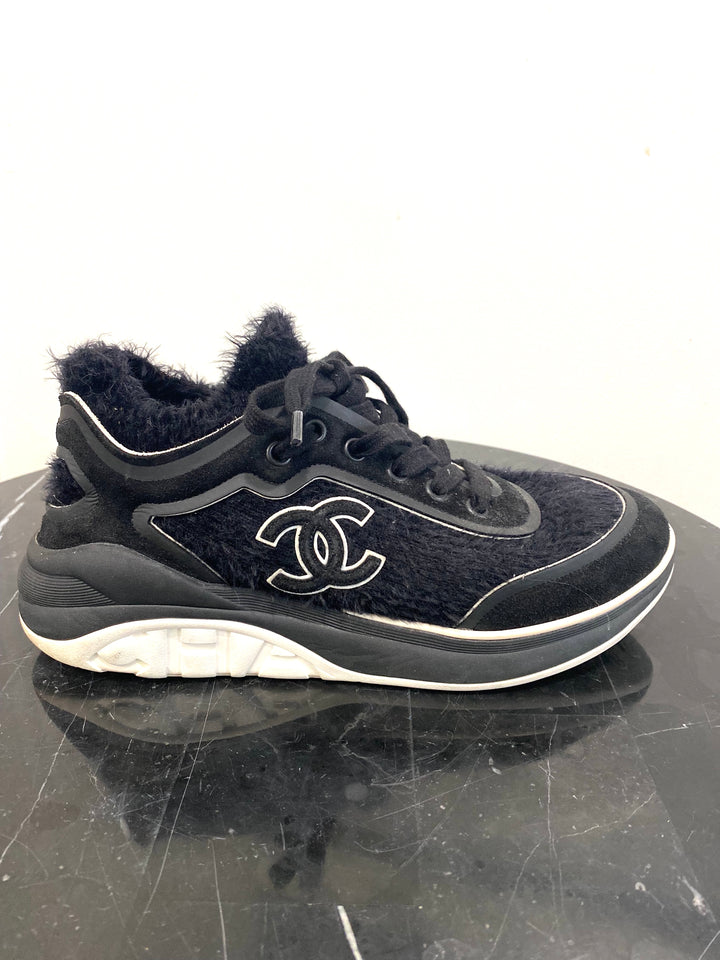 CHANEL TWEED &amp; SUEDE CC LACE UP SNEAKERS