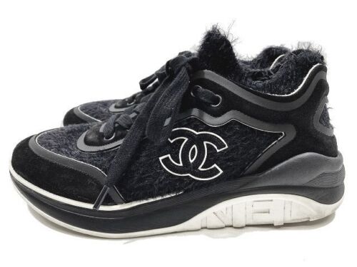 CHANEL Nylon Suede Calfskin CC Sneakers 36 White Dark Grey 1108132