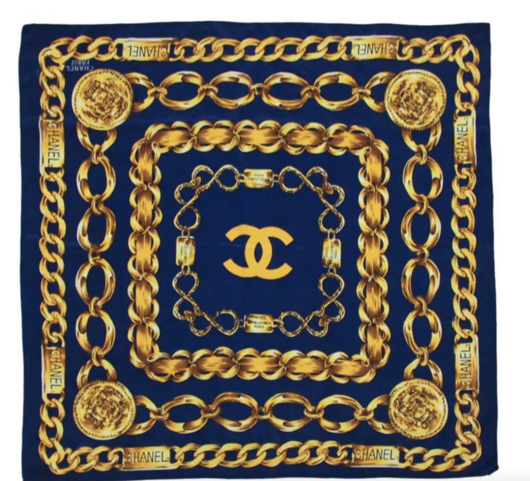 CHANEL SILK SCARF BLUE GOLD CHAIN LINKS – Caroline's Fashion Luxuries CHANEL SILK SCARF BLUE GOLD CHAIN LINKS – Caroline's Fashion Luxuries