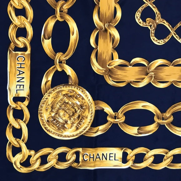 CHANEL SILK SCARF BLUE GOLD CHAIN LINKS – Caroline's Fashion Luxuries