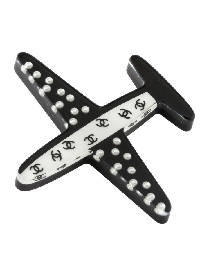 CHANEL Faux Pearl &amp; Resin CC Airplane Brooch