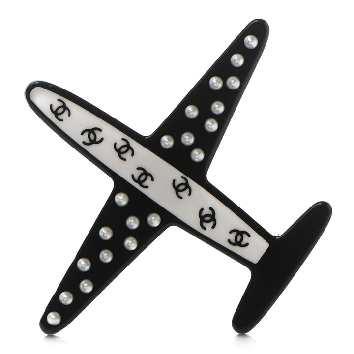 CHANEL Faux Pearl &amp; Resin CC Airplane Brooch