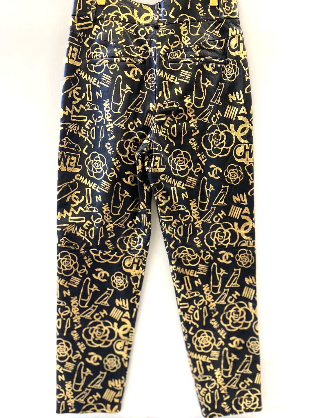CHANEL CC ALLOVER LOGO LEATHER TROUSERS